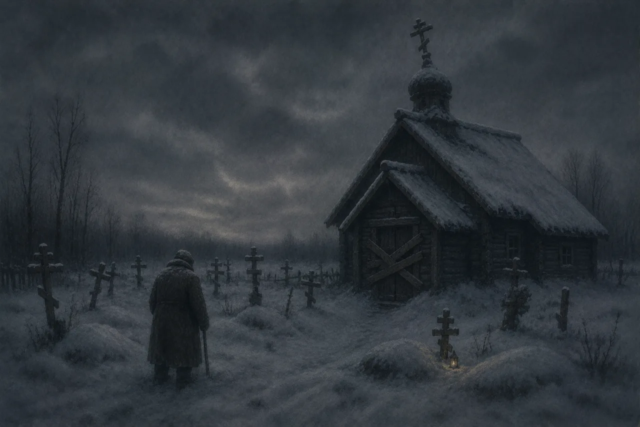 A boarded-up wooden church and graveyard in winter