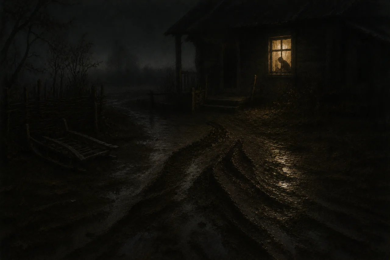 A hut’s night yard, a single warm window
