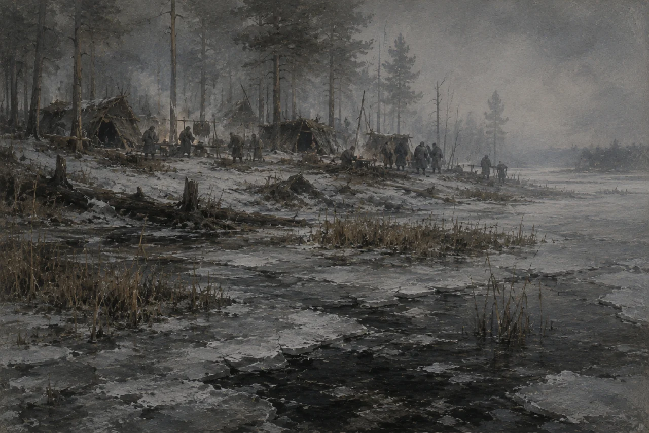 A frozen blockade marsh, a crimson glow of fires on the horizon