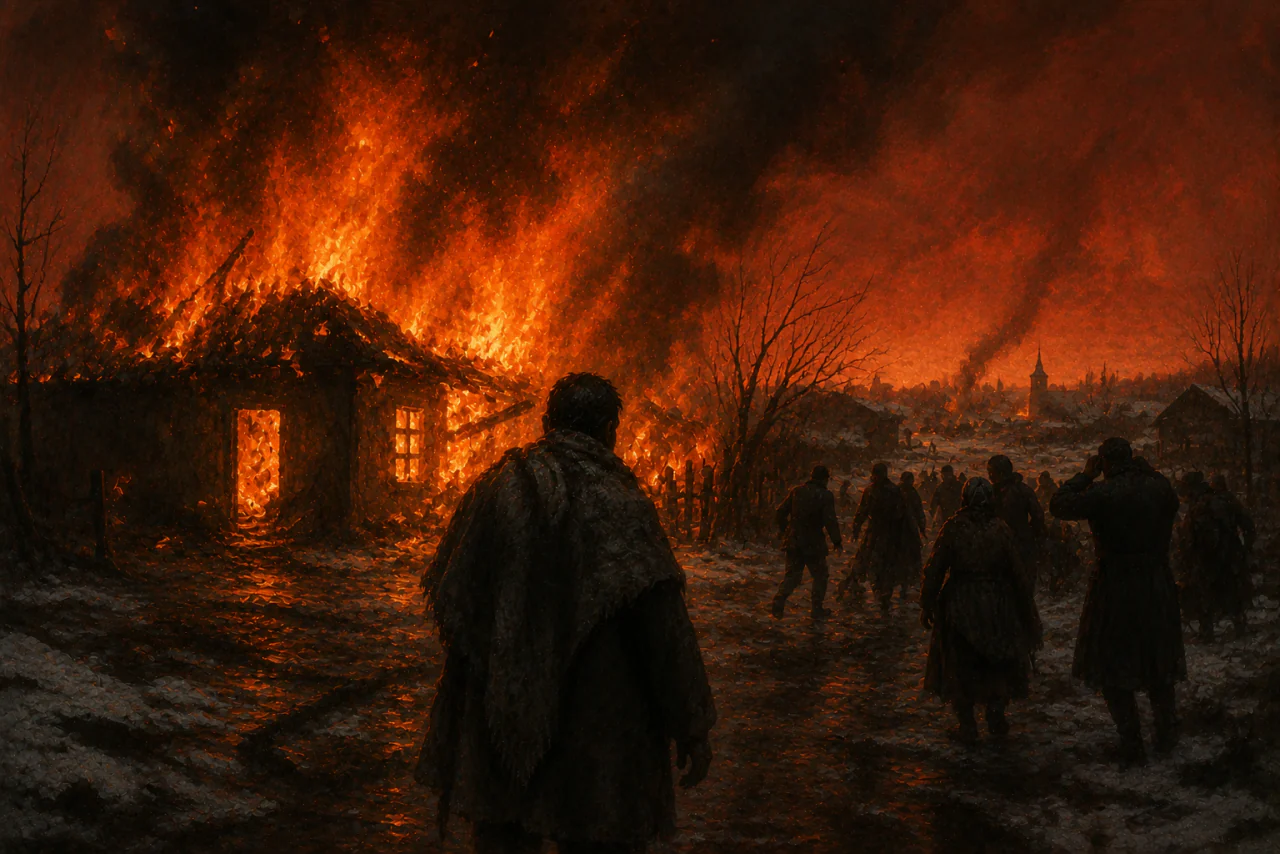A burning village, silhouettes of refugees on the snow
