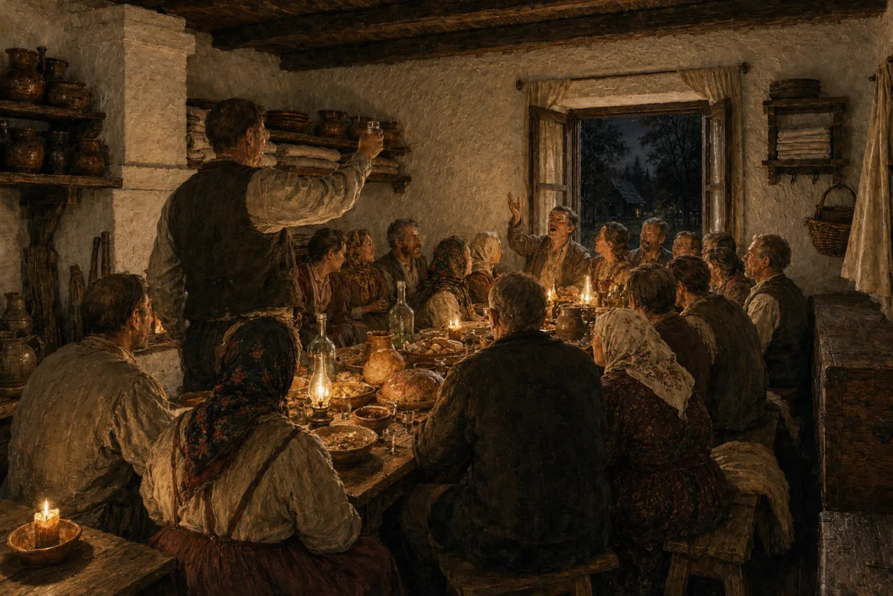 Part Three: an evening feast in a village hut by candlelight — a long table crowded with people, the host risen with a glass, night beyond the window