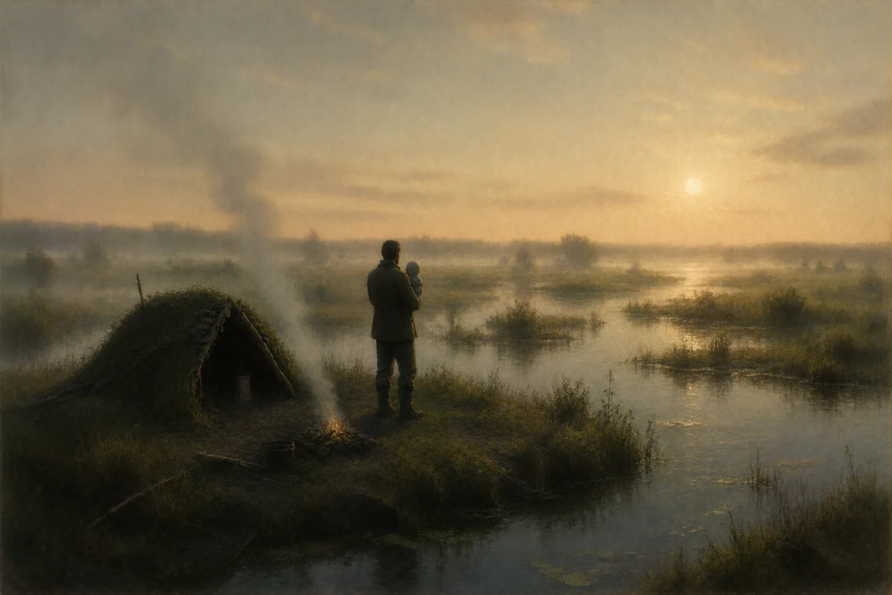 Part Two: at dawn by a shelter in the marsh, a man holds a child in his arms