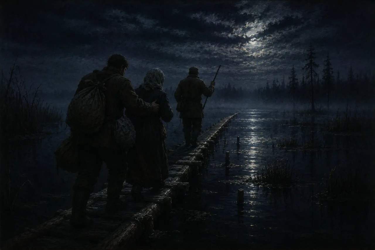 A night log path across a black bog, silhouettes of the exodus