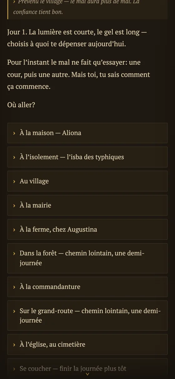 Le hub du village : le choix des actions